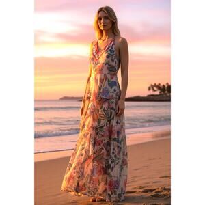 Women's Eliza J Tropical Print Maxi Dress Multicolor Ruffles Sz 12 NWT